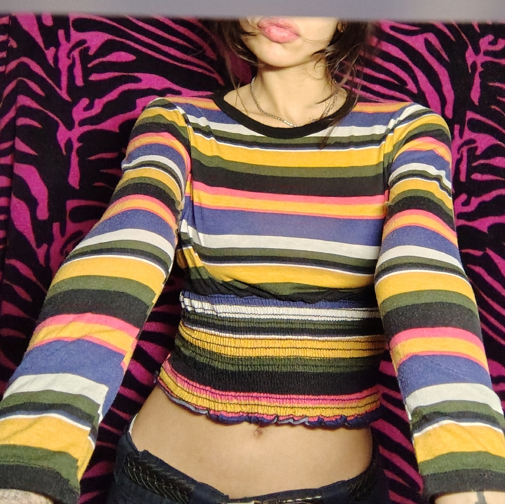 Yellow and Blue Puff Sleeve Ribbed Crop Blouse